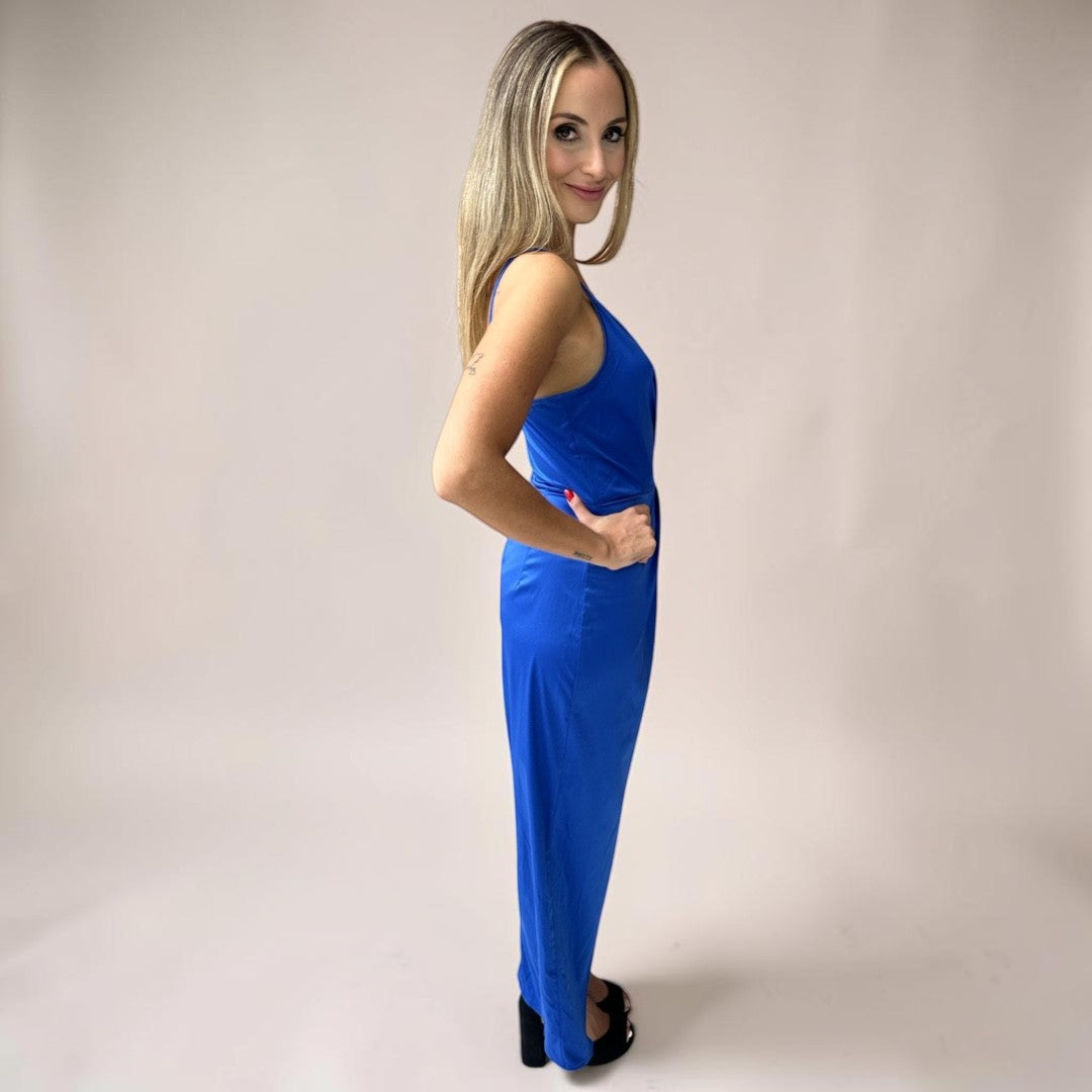 Vestido Liage Longo Liso Festa Metalizado Cetim Brilho Alça Alcinha Fenda Azul Celeste