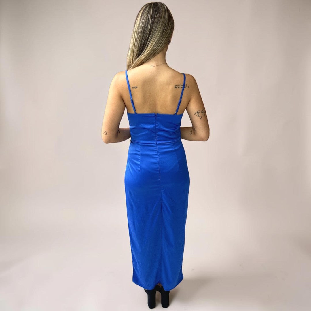 Vestido Liage Longo Liso Festa Metalizado Cetim Brilho Alça Alcinha Fenda Azul Celeste