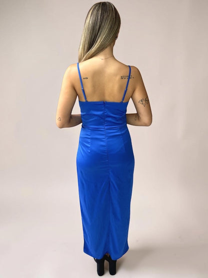 Vestido Liage Longo Liso Festa Metalizado Cetim Brilho Alça Alcinha Fenda Azul Celeste