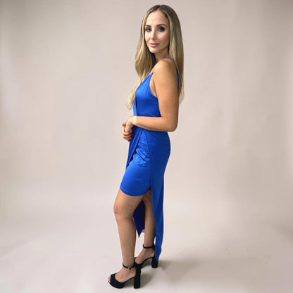 Vestido Liage Longo Liso Festa Metalizado Cetim Brilho Alça Alcinha Fenda Azul Celeste