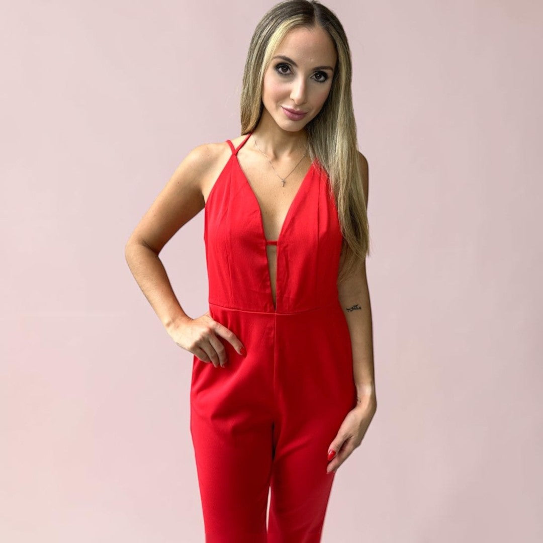 Macacão Liage Liso Festa Alça Alcinha Decote V Vermelho