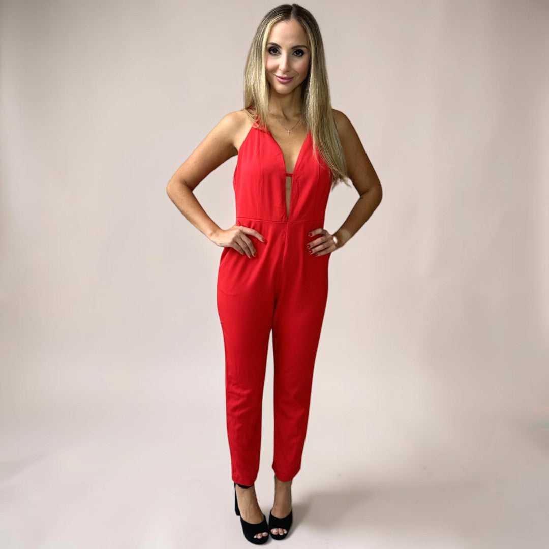 Macacão Liage Liso Festa Alça Alcinha Decote V Vermelho