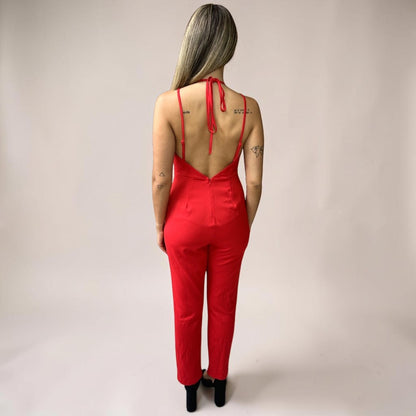 Macacão Liage Liso Festa Alça Alcinha Decote V Vermelho