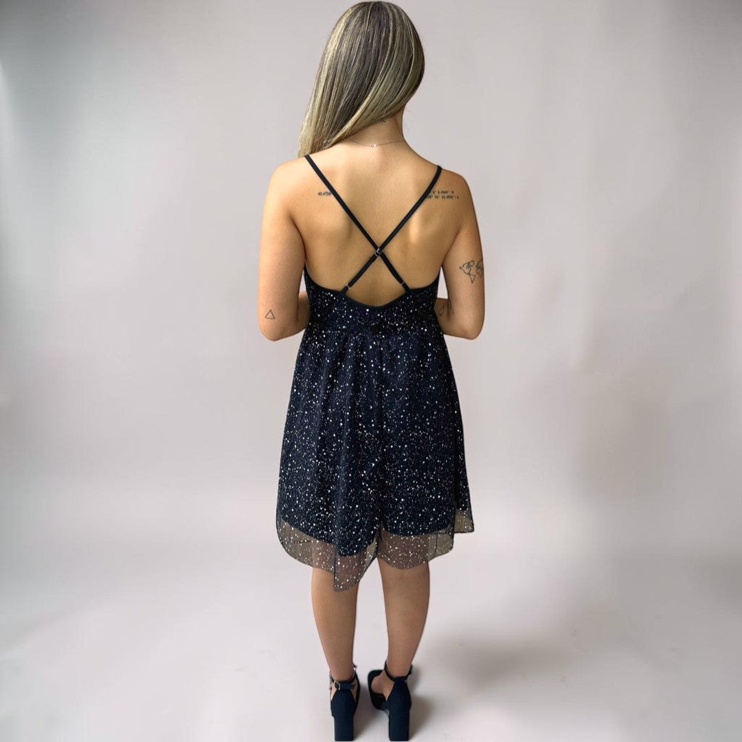 Vestido Liage Festa Curto Brilho Alça Alcinha Estampado Rodado Preto Prata
