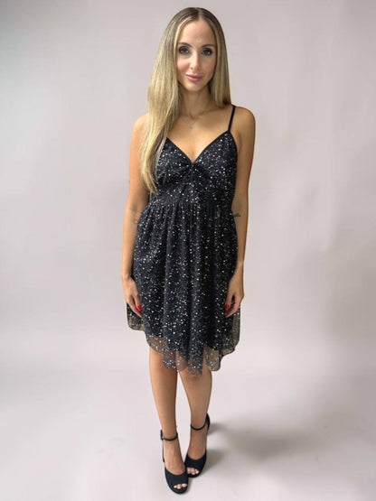 Vestido Liage Festa Curto Brilho Alça Alcinha Estampado Rodado Preto Prata