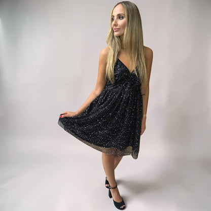 Vestido Liage Festa Curto Brilho Alça Alcinha Estampado Rodado Preto Prata
