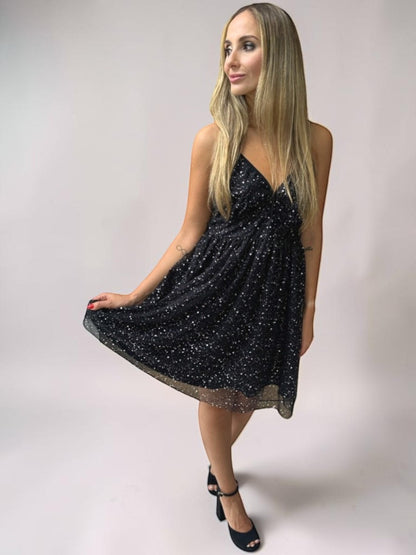 Vestido Liage Festa Curto Brilho Alça Alcinha Estampado Rodado Preto Prata