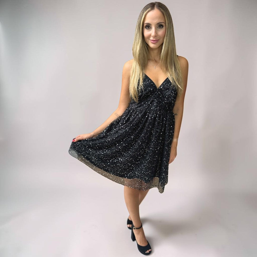 Vestido Liage Festa Curto Brilho Alça Alcinha Estampado Rodado Preto Prata