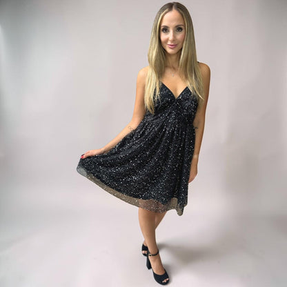 Vestido Liage Festa Curto Brilho Alça Alcinha Estampado Rodado Preto Prata