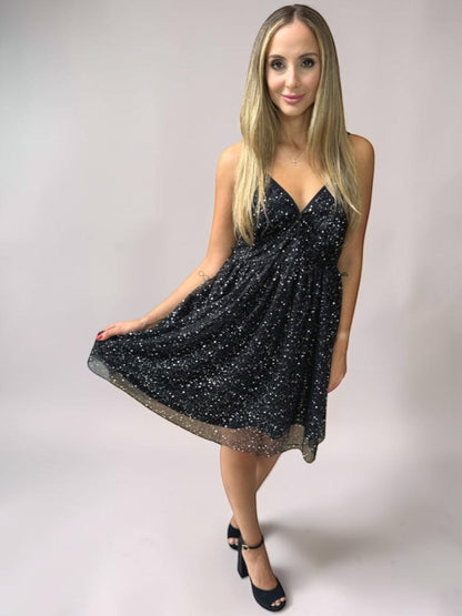 Vestido Liage Festa Curto Brilho Alça Alcinha Estampado Rodado Preto Prata