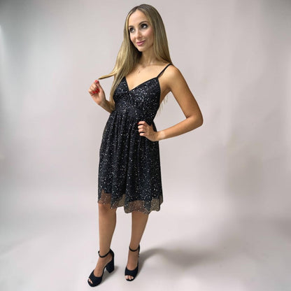 Vestido Liage Festa Curto Brilho Alça Alcinha Estampado Rodado Preto Prata