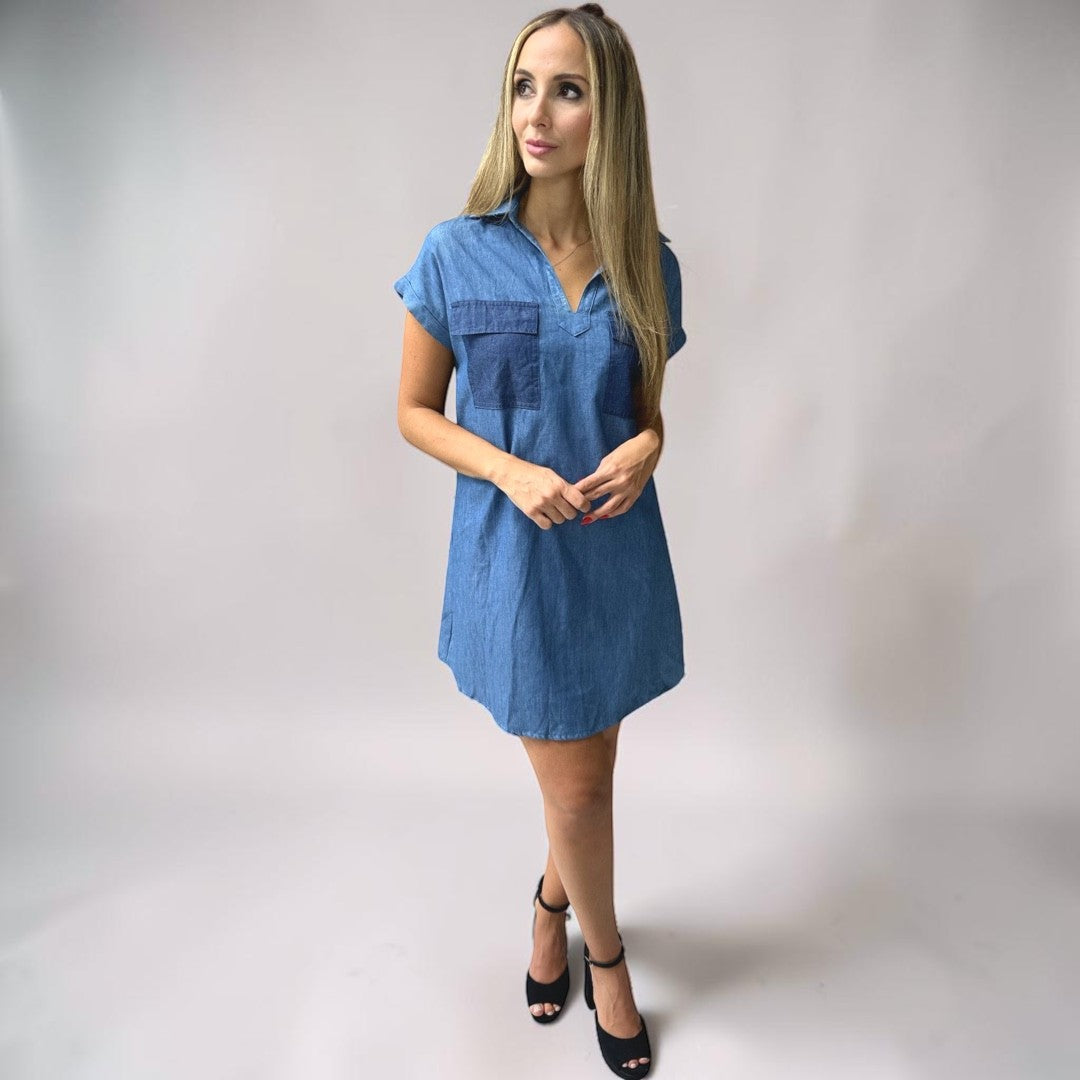Vestido Liage Curto Jeans Denin Liso Bolso Gola Manga Curta Azul