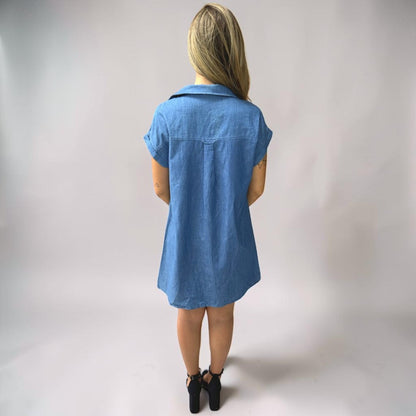 Vestido Liage Curto Jeans Denin Liso Bolso Gola Manga Curta Azul