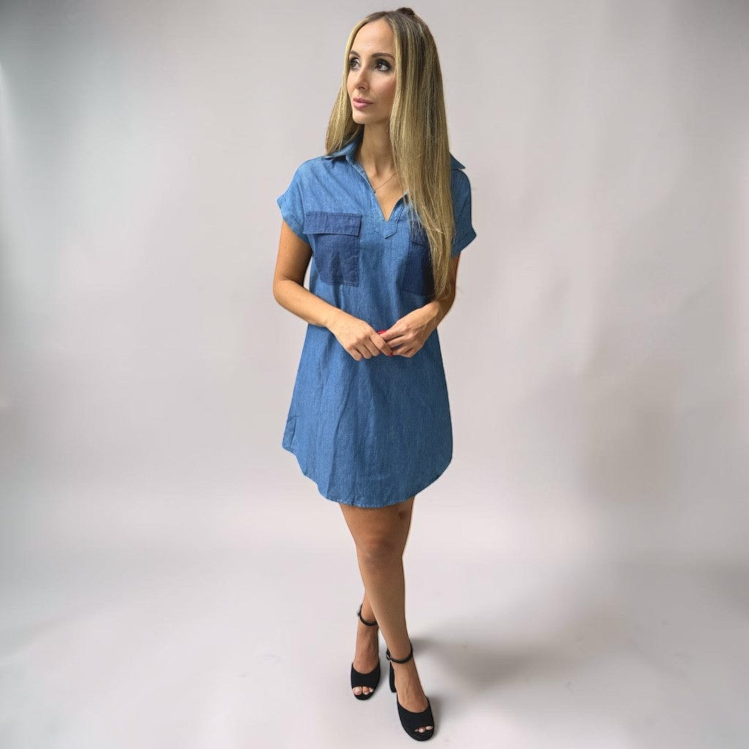 Vestido Liage Curto Jeans Denin Liso Bolso Gola Manga Curta Azul