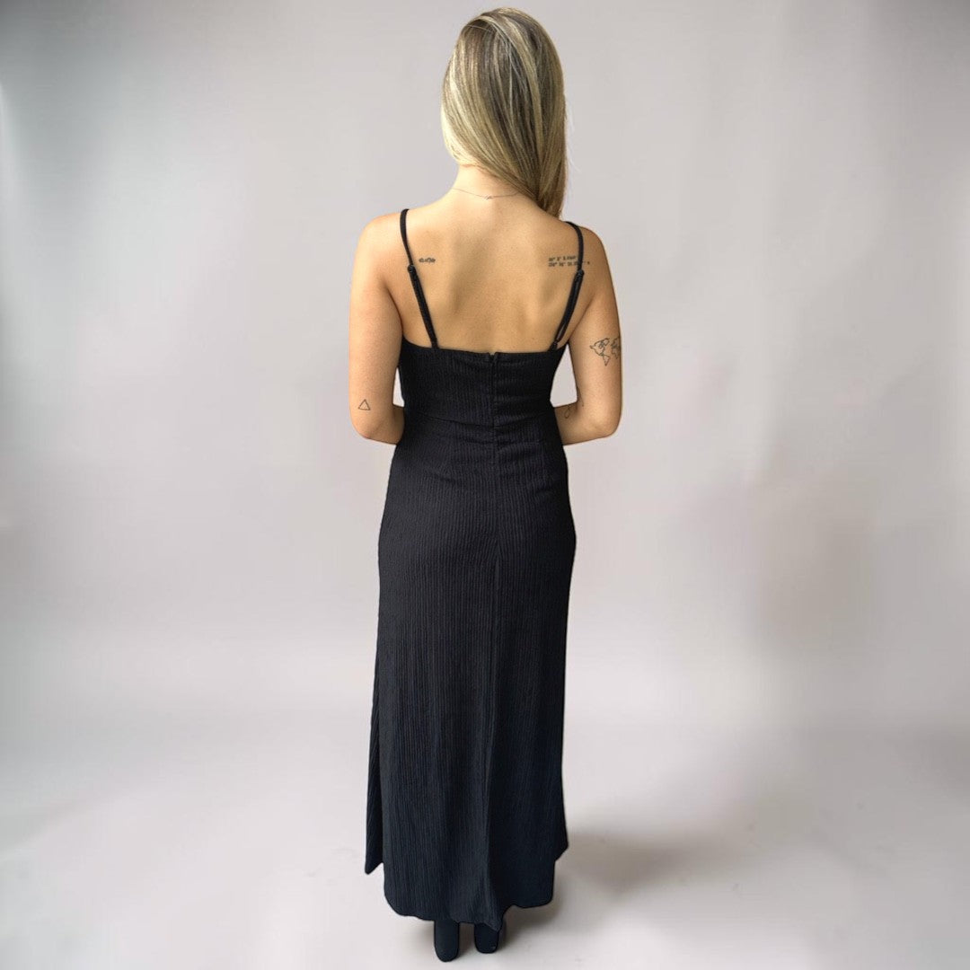 Vestido Liage Festa Longo Alça Alcinha Tecido Texturizado Flor Preto Nude