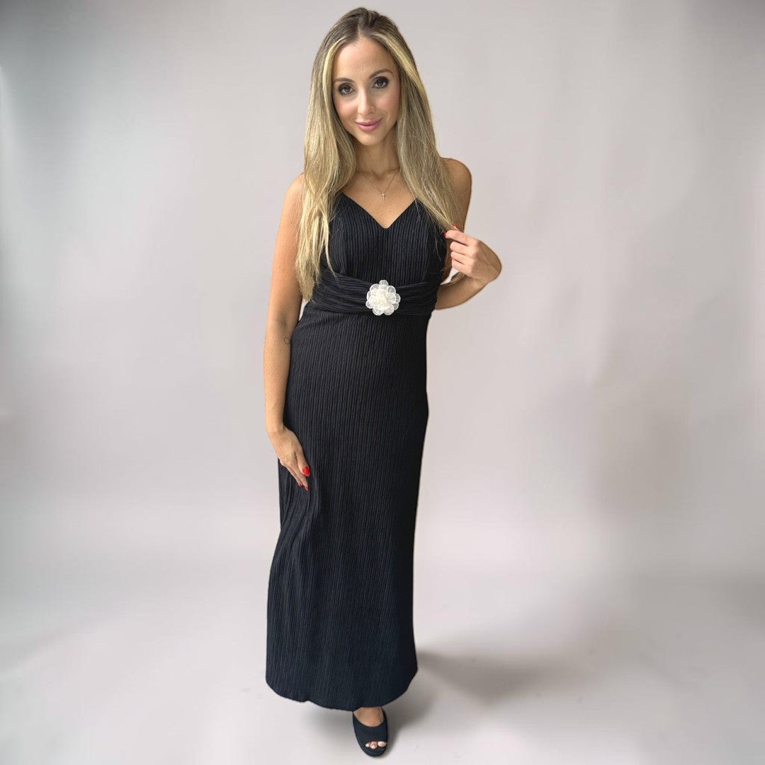 Vestido Liage Festa Longo Alça Alcinha Tecido Texturizado Flor Preto Nude