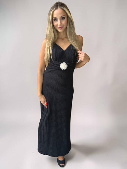 Vestido Liage Festa Longo Alça Alcinha Tecido Texturizado Flor Preto Nude