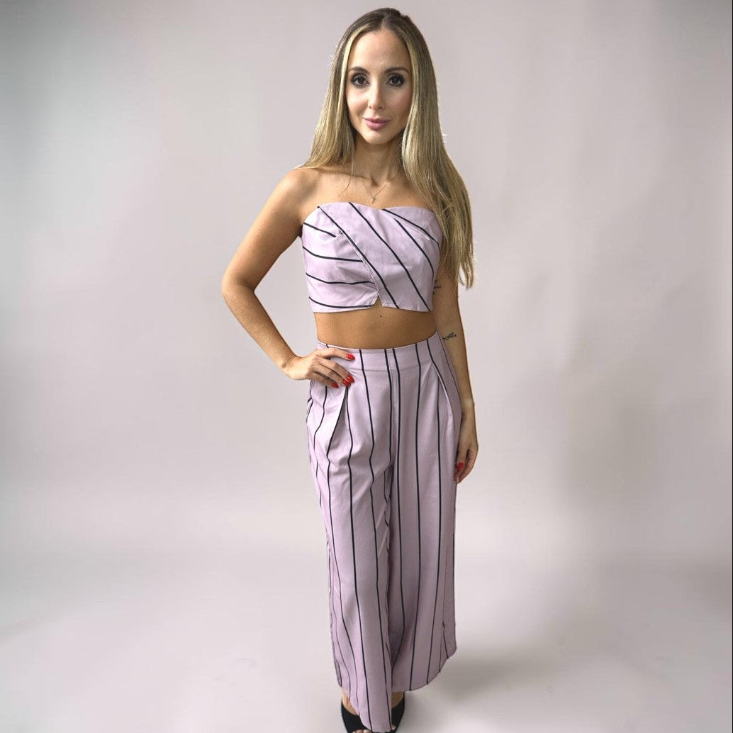 Conjunto Calça e Cropped Alça Liage Listrado Listra Fina Tomara que Caia Rosa Empoeirado Seco e Preto