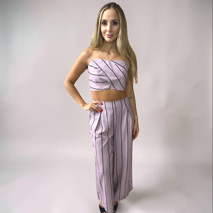 Conjunto Calça e Cropped Alça Liage Listrado Listra Fina Tomara que Caia Rosa Empoeirado Seco e Preto
