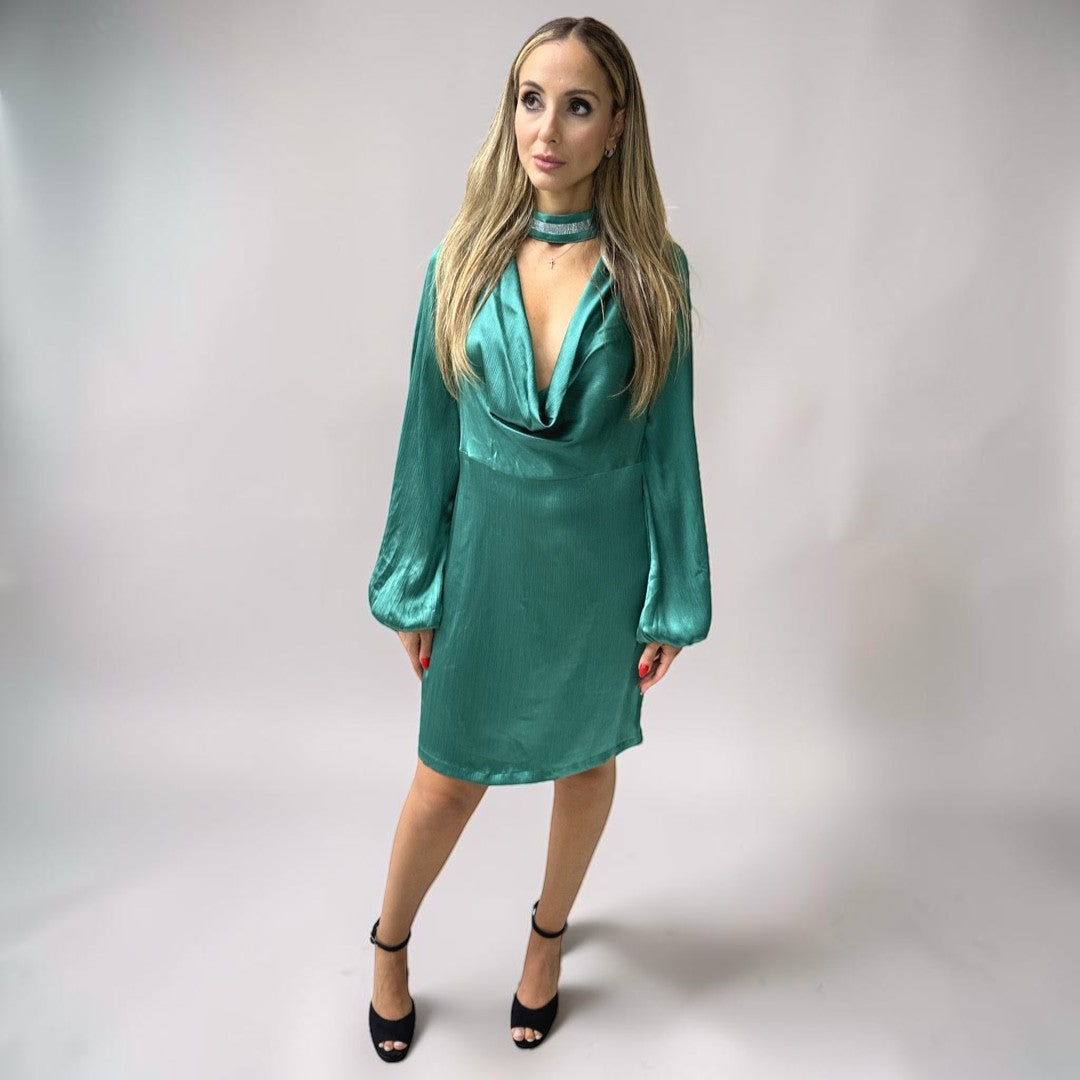 Vestido Liage Curto Festa Liso Brilho Manga Comprida Strass Drapeado Chocker Metalizado Verde Escuro