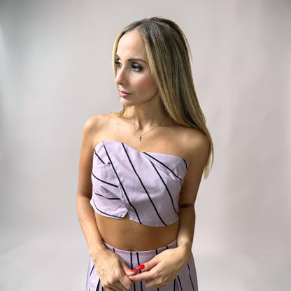 Conjunto Calça e Cropped Alça Liage Listrado Listra Fina Tomara que Caia Rosa Empoeirado Seco e Preto
