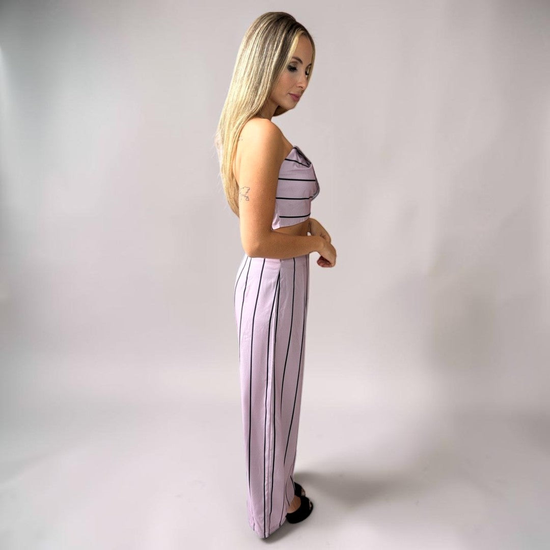Conjunto Calça e Cropped Alça Liage Listrado Listra Fina Tomara que Caia Rosa Empoeirado Seco e Preto