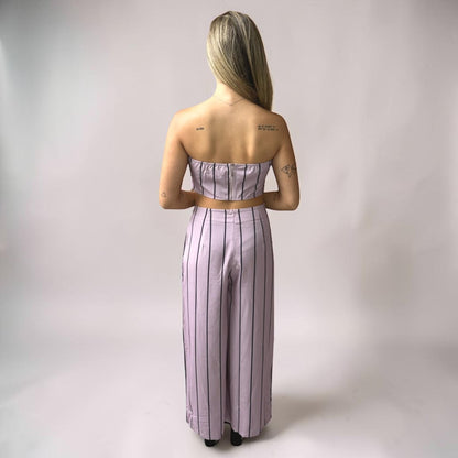 Conjunto Calça e Cropped Alça Liage Listrado Listra Fina Tomara que Caia Rosa Empoeirado Seco e Preto