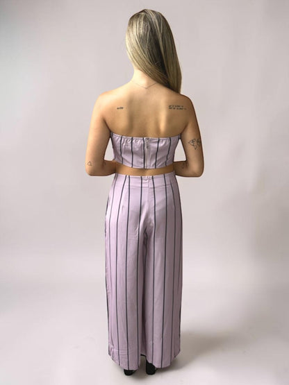 Conjunto Calça e Cropped Alça Liage Listrado Listra Fina Tomara que Caia Rosa Empoeirado Seco e Preto