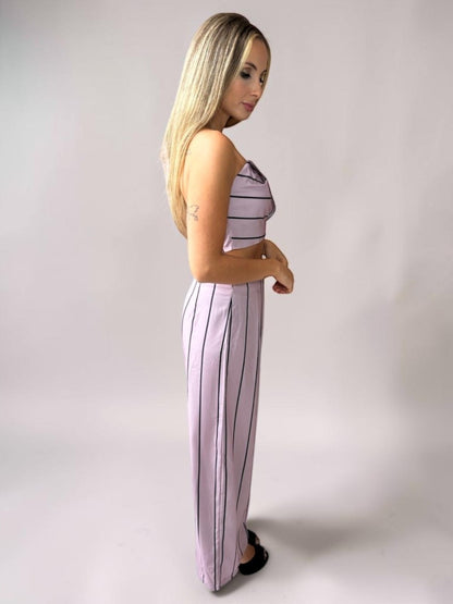 Conjunto Calça e Cropped Alça Liage Listrado Listra Fina Tomara que Caia Rosa Empoeirado Seco e Preto