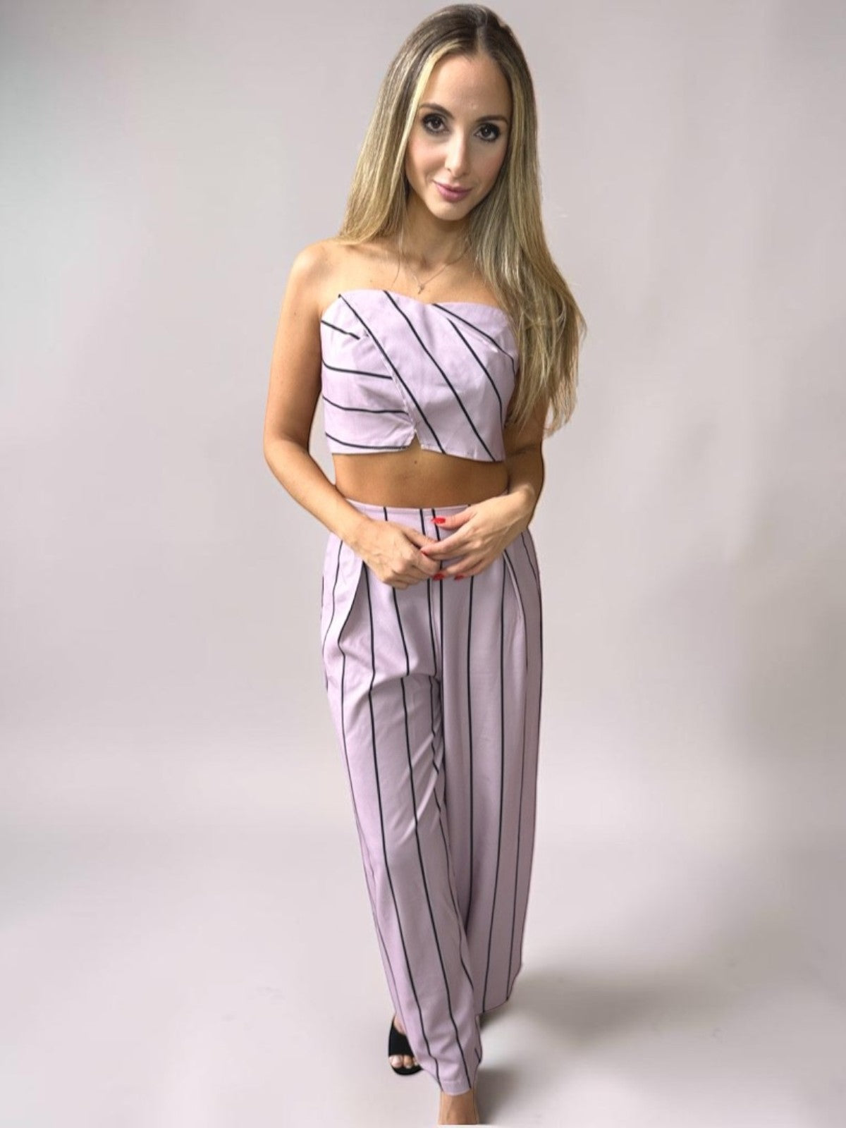 Conjunto Calça e Cropped Alça Liage Listrado Listra Fina Tomara que Caia Rosa Empoeirado Seco e Preto