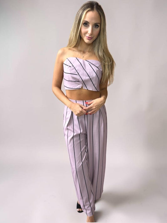 Conjunto Calça e Cropped Alça Liage Listrado Listra Fina Tomara que Caia Rosa Empoeirado Seco e Preto