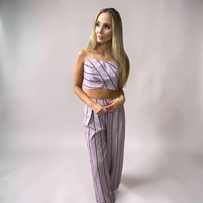 Conjunto Calça e Cropped Alça Liage Listrado Listra Fina Tomara que Caia Rosa Empoeirado Seco e Preto