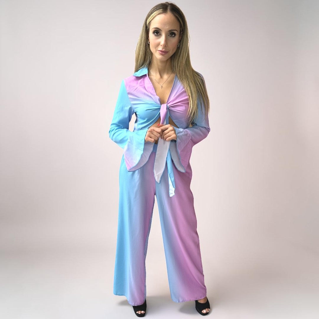 Conjunto Calça e Cropped Liage Manga Comprida Laço Amarração Babado Tye Dye Azul Claro Rosa Lilás Lavanda