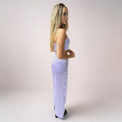 Conjunto Calça e Cropped Alça Liage Cetim Brilho Tomara que Caia Lilás Lavanda