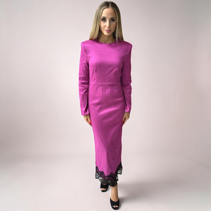 Vestido Liage Longo Festa Manga Comprida Ombreira Renda Barbiecore Preto Pink Rosa Choque
