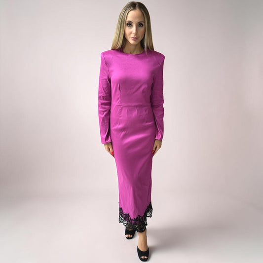 Vestido Liage Longo Festa Manga Comprida Ombreira Renda Barbiecore Preto Pink Rosa Choque