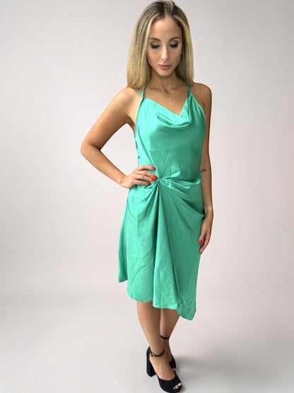 Vestido Liage Curto Festa Liso Brilho Alcinha Alça Drapeado Metalizado Verde Claro