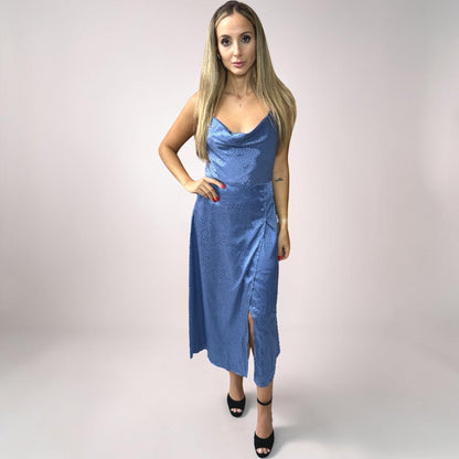 Vestido Liage Curto Festa Liso Brilho Onça Oncinha Fenda Alcinha Alça Drapeado Metalizado Azul Claro