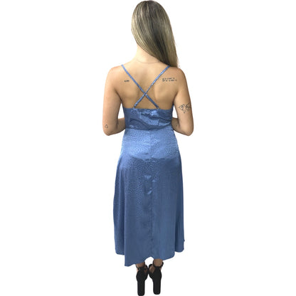Vestido Liage Curto Festa Liso Brilho Onça Oncinha Fenda Alcinha Alça Drapeado Metalizado Azul Claro