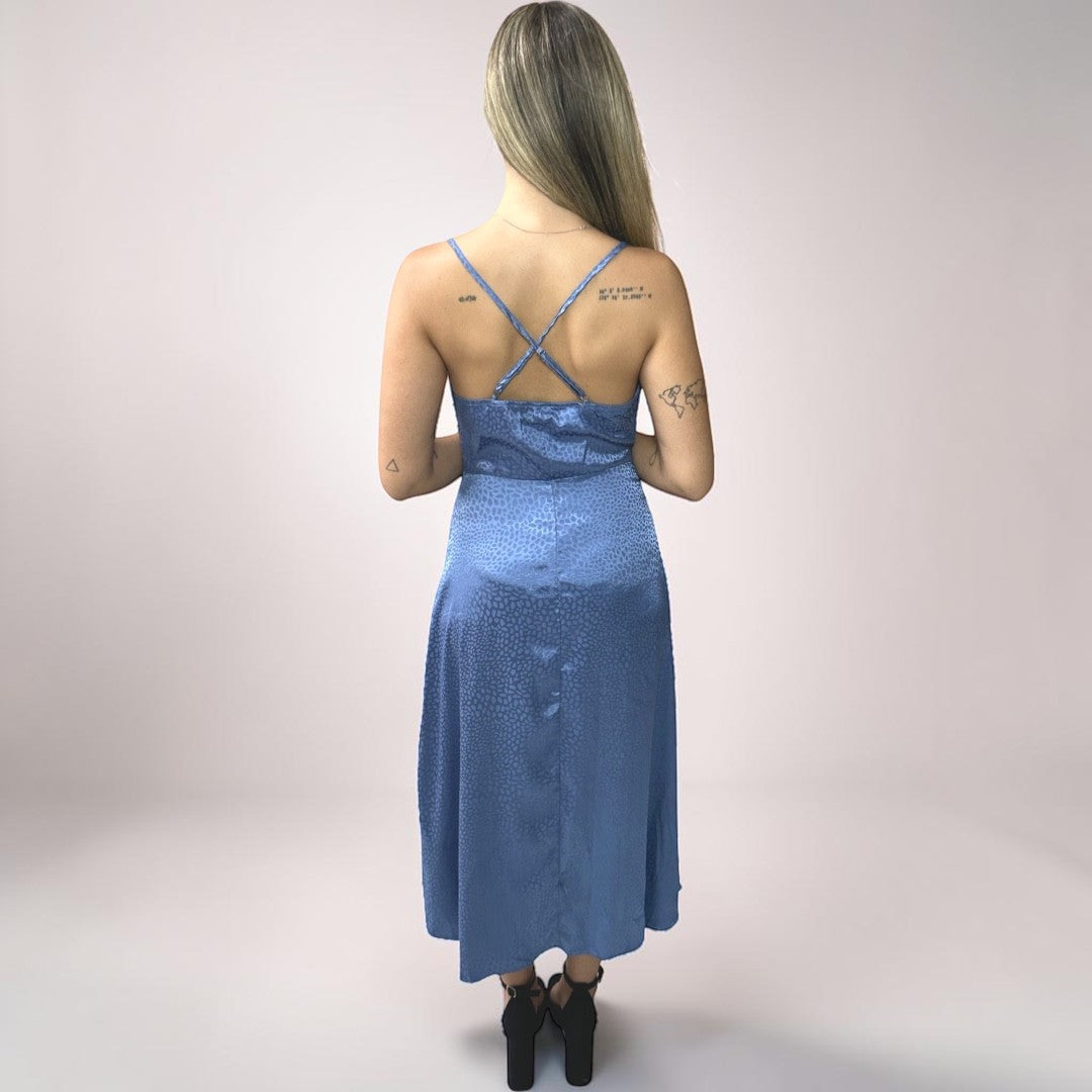 Vestido Liage Curto Festa Liso Brilho Onça Oncinha Fenda Alcinha Alça Drapeado Metalizado Azul Claro