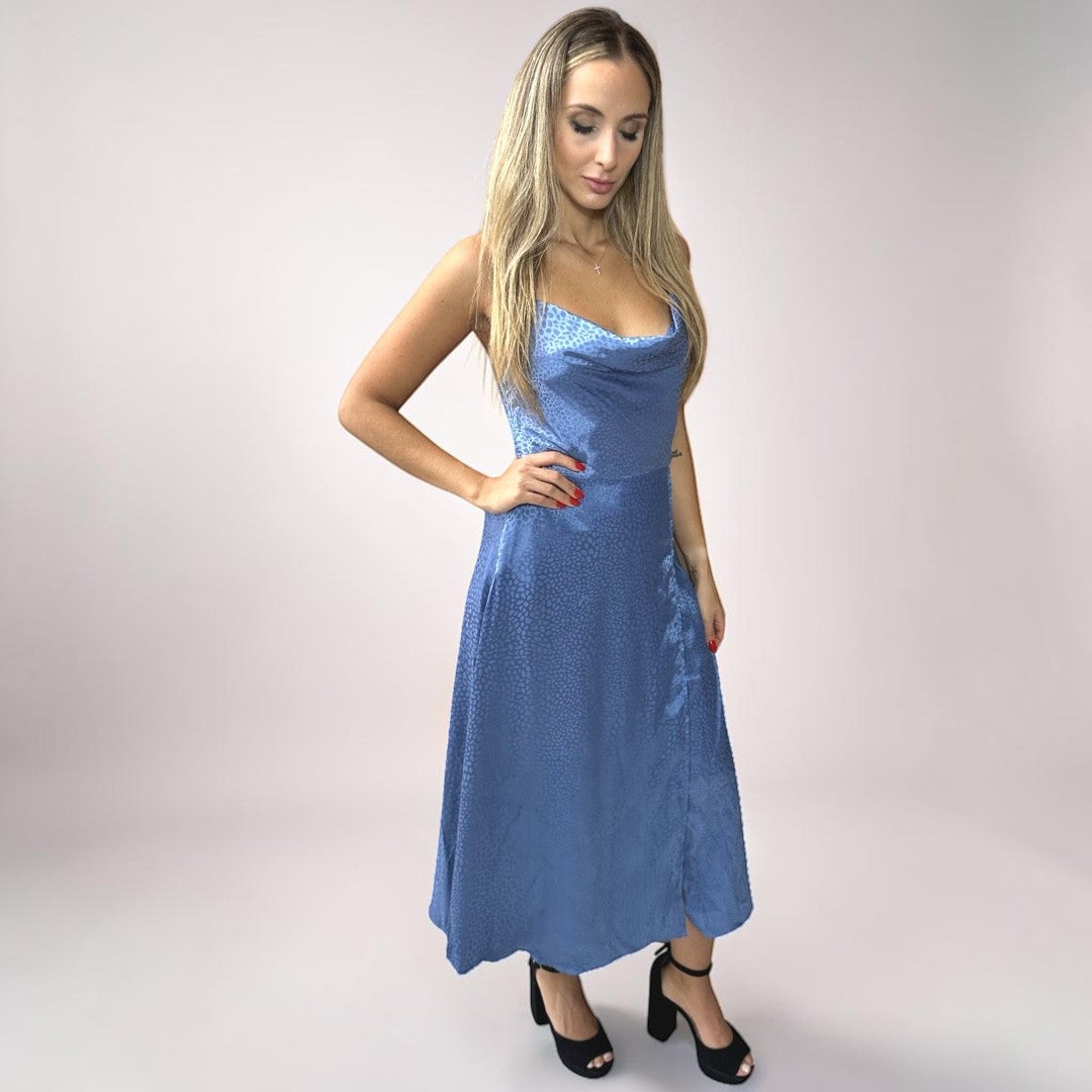 Vestido Liage Curto Festa Liso Brilho Onça Oncinha Fenda Alcinha Alça Drapeado Metalizado Azul Claro