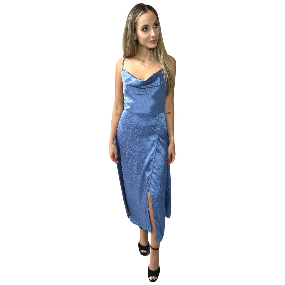 Vestido Liage Curto Festa Liso Brilho Onça Oncinha Fenda Alcinha Alça Drapeado Metalizado Azul Claro