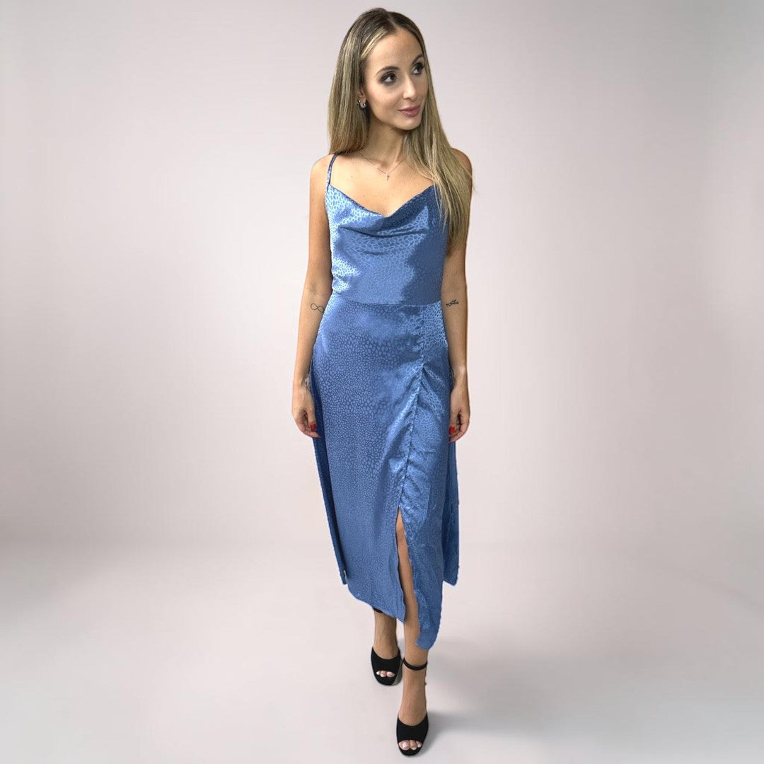 Vestido Liage Curto Festa Liso Brilho Onça Oncinha Fenda Alcinha Alça Drapeado Metalizado Azul Claro