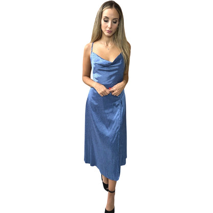Vestido Liage Curto Festa Liso Brilho Onça Oncinha Fenda Alcinha Alça Drapeado Metalizado Azul Claro