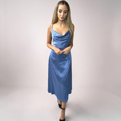 Vestido Liage Curto Festa Liso Brilho Onça Oncinha Fenda Alcinha Alça Drapeado Metalizado Azul Claro