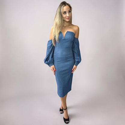 Vestido Liage Midi Liso Tomara que Caia Manga Comprida Jeans Denim Azul Claro
