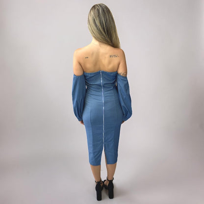 Vestido Liage Midi Liso Tomara que Caia Manga Comprida Jeans Denim Azul Claro