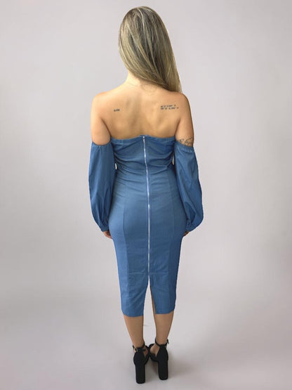 Vestido Liage Midi Liso Tomara que Caia Manga Comprida Jeans Denim Azul Claro