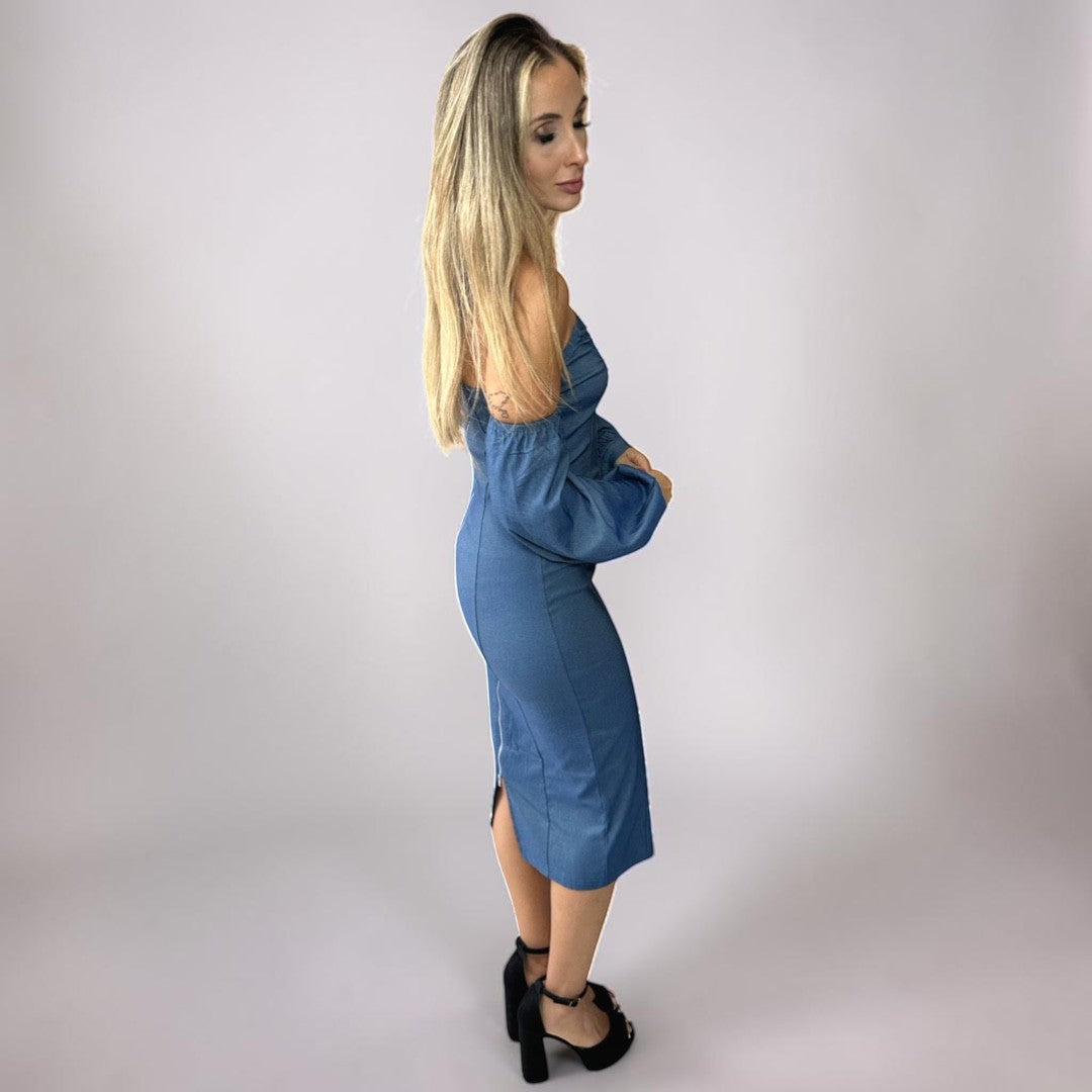 Vestido Liage Midi Liso Tomara que Caia Manga Comprida Jeans Denim Azul Claro