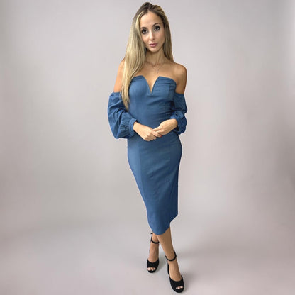 Vestido Liage Midi Liso Tomara que Caia Manga Comprida Jeans Denim Azul Claro